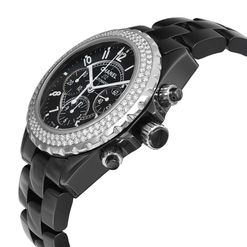 An image of a pre-owned wristwatch shown from a side profile view. The crown is prominently visible on the right side of the watch. The watch features a black band and a round face with a detailed bezel. The image captures the watch at an angle, highlighting its design details and craftsmanship.