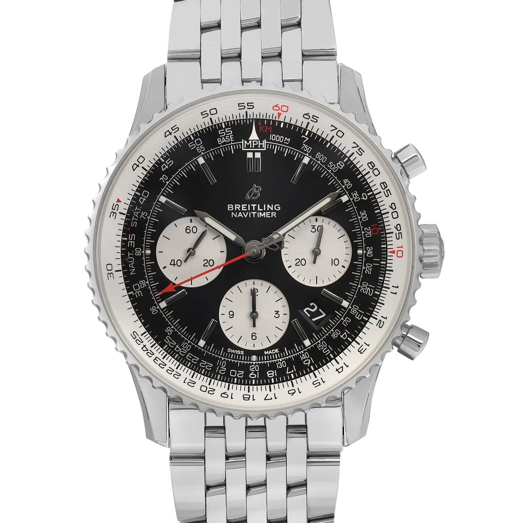 Up Close Front Facing Picture Of Breitling AB0121211B1A1 Stainless Steel Watch Display Model Condition