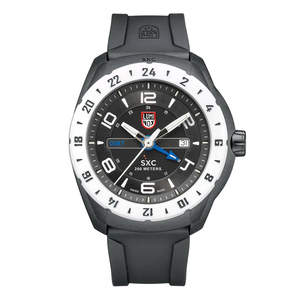 An image of a Wristwatch by Luminox. This Display Model item is designed for Men, featuring a Diver,Military style. It has a Quartz movement and an Analog display with a Black dial color. The indices include 12-Hour Dial,24-Hour Dial,Arabic Numerals,Stick Indexes. The band is made of Silicone and the case is made of Carbon. The watch has a Round shape with a case size of 46 mm and a case thickness of 16 mm.