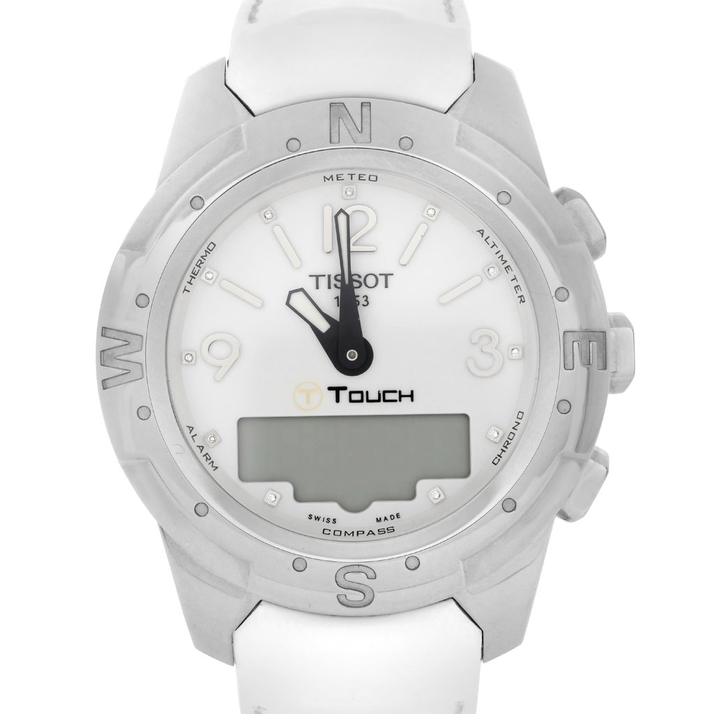 Up Close Front Facing Picture Of Tissot T047.220.46.016.00 Titanium Watch Pre Owned Condition