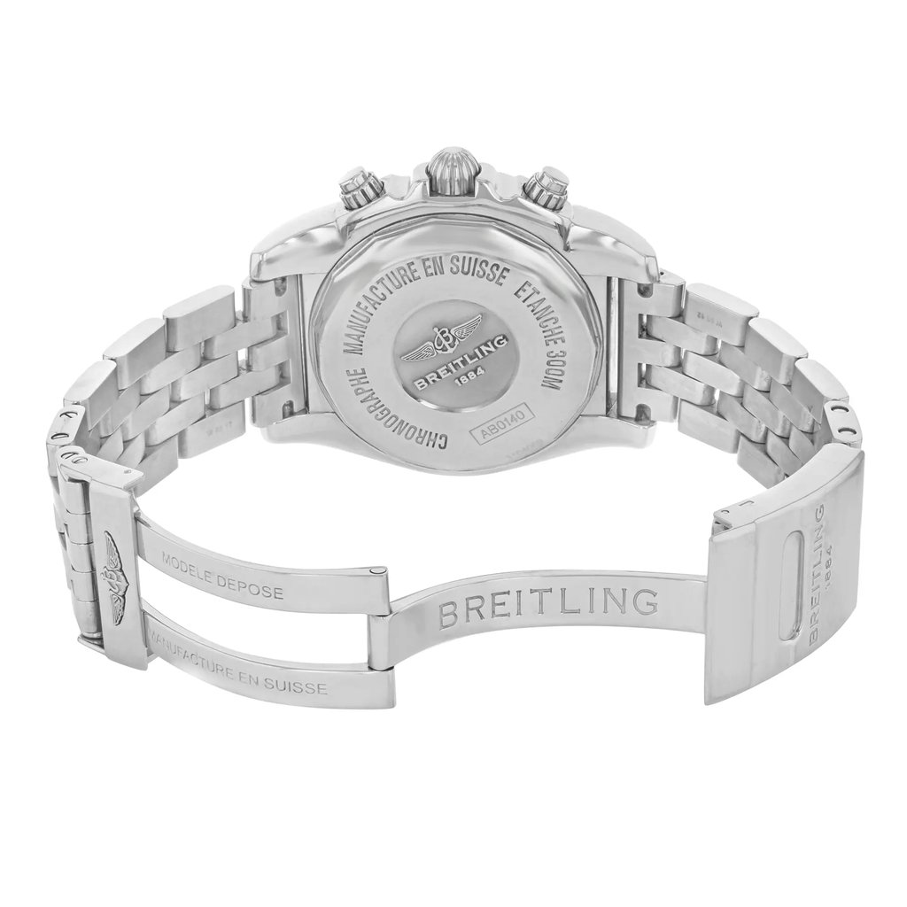 Back View Of {Caseback} Back Case And Open Stainless Steel Band Of Breitling AB014012/BA52-378A Watch Pre Owned Condition