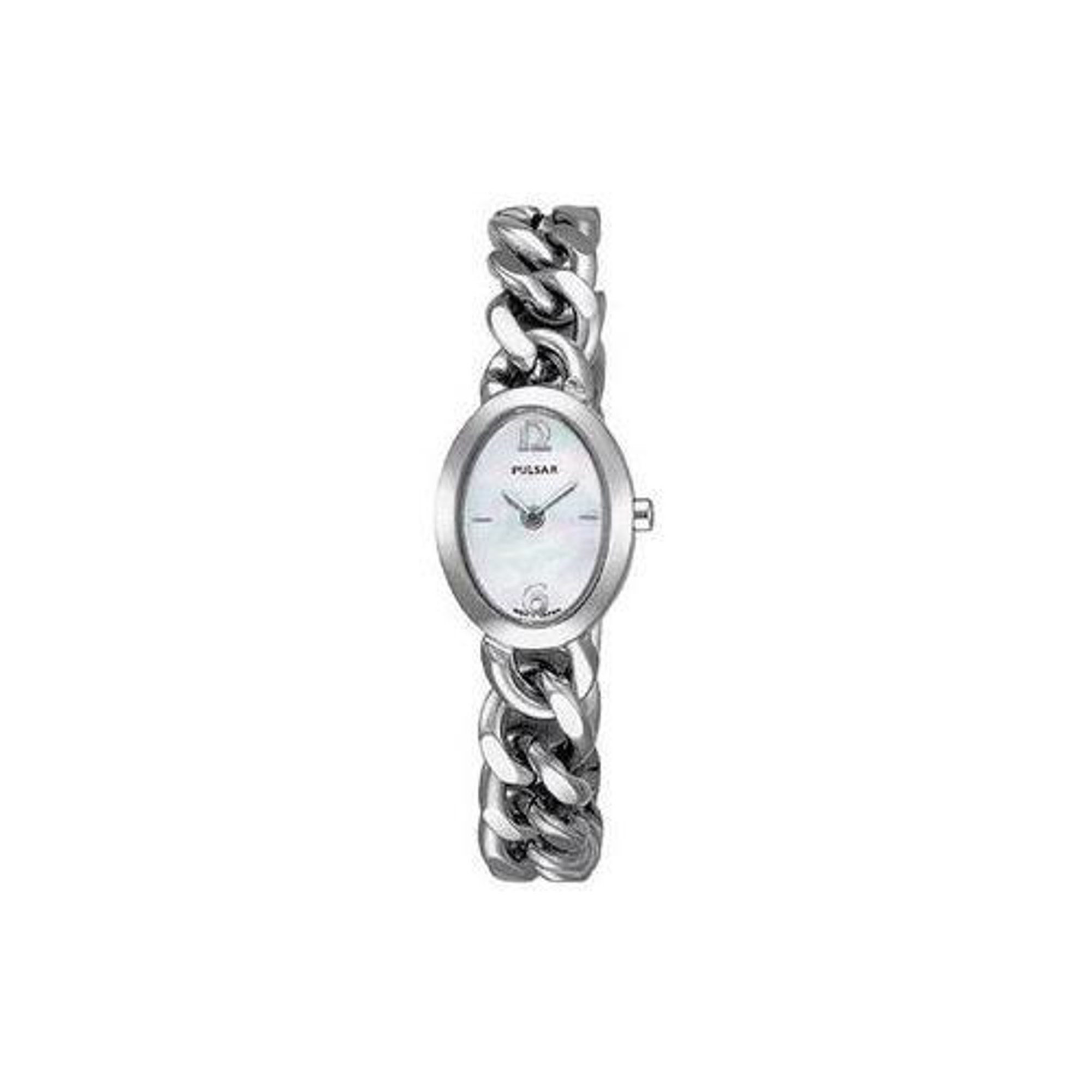 An image of a Wristwatch by Pulsar. This Pre Owned item is designed for Women, featuring a Dress/Formal style. It has a Quartz movement and an Analog display with a Mother Of Pearl dial color. The indices include Sticks & Numerals. The band is made of Stainless Steel and the case is made of Stainless Steel. The watch has a Oval shape with a case size of 18 mm and a case thickness of 7 mm.