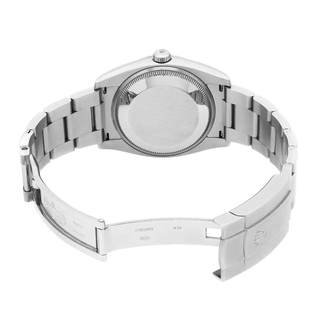 Back View Of Screwback Back Case And Open Stainless Steel Band Of Rolex 114300 Watch Pre Owned Condition
