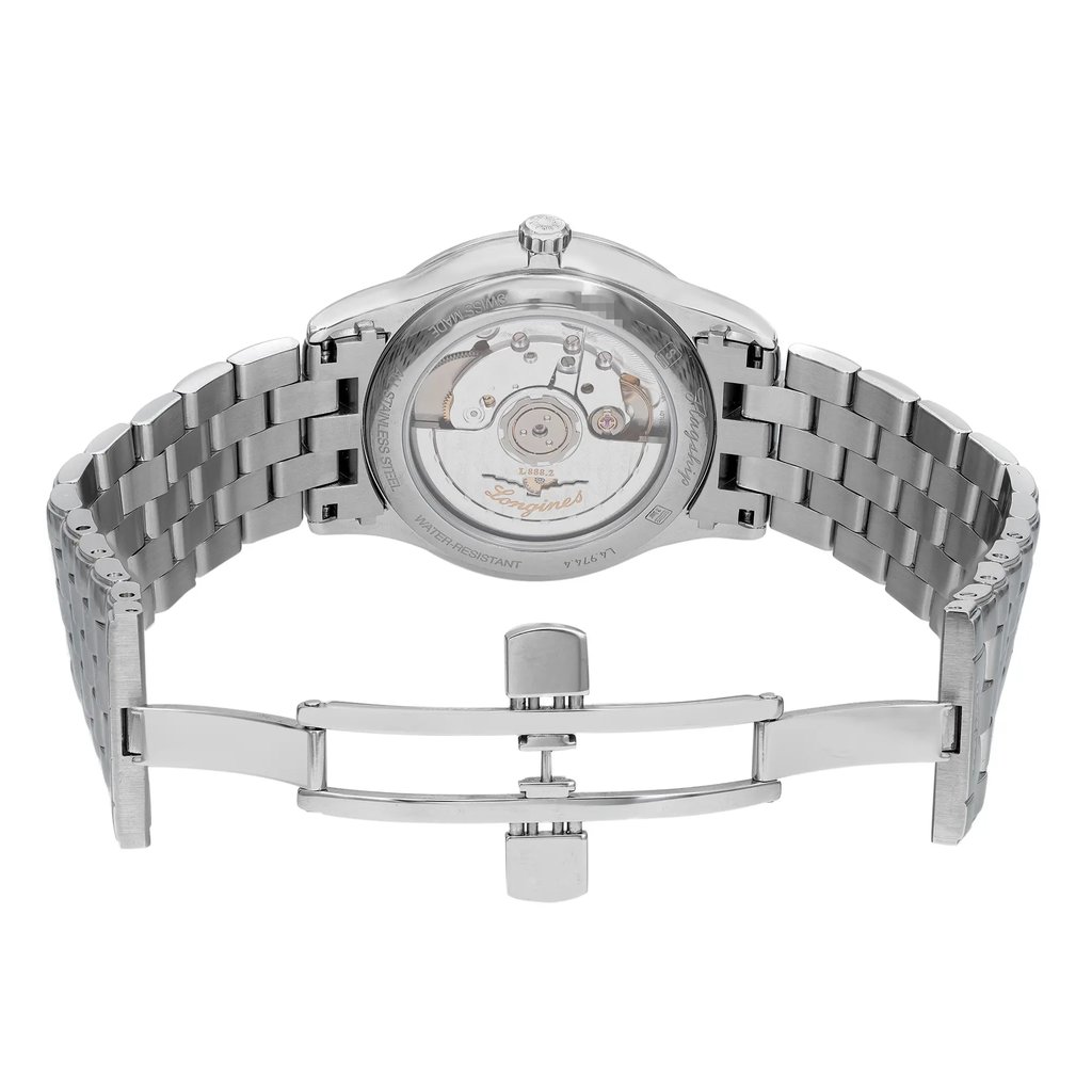 An image of a Wristwatch by Longines. This Display Model item is designed for Men, featuring a Casual style. It has a Mechanical (Automatic) movement and an Analog display with a White dial color. The indices include 12-Hour Dial,Non-Numeric Hour Marks,Stick Indexes. The band is made of Stainless Steel and the case is made of Stainless Steel. The watch has a Round shape with a case size of 38.5 mm and a case thickness of 8 mm.