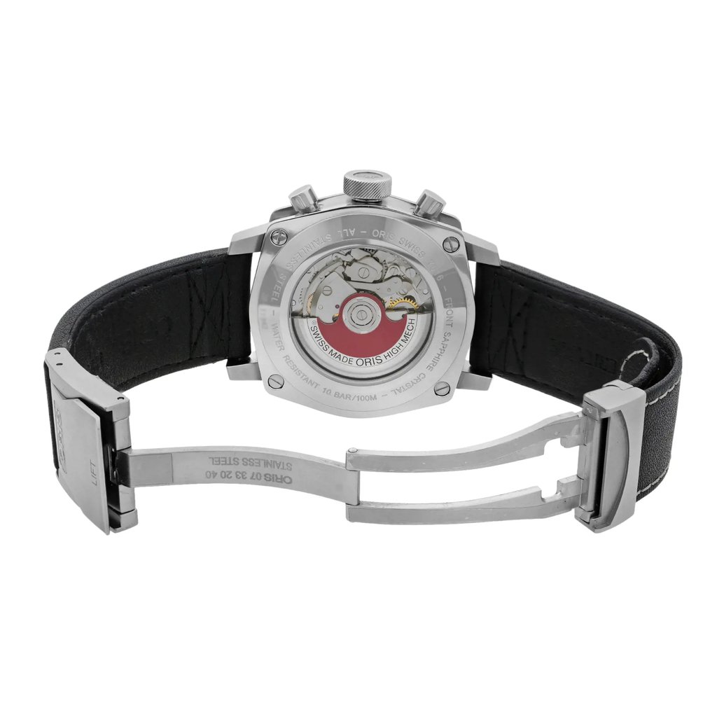 Back View Of Exhibition Back Case And Open Leather Band Of Oris 01 674 7616 4154-07 5 22 58FC Watch Pre Owned Condition