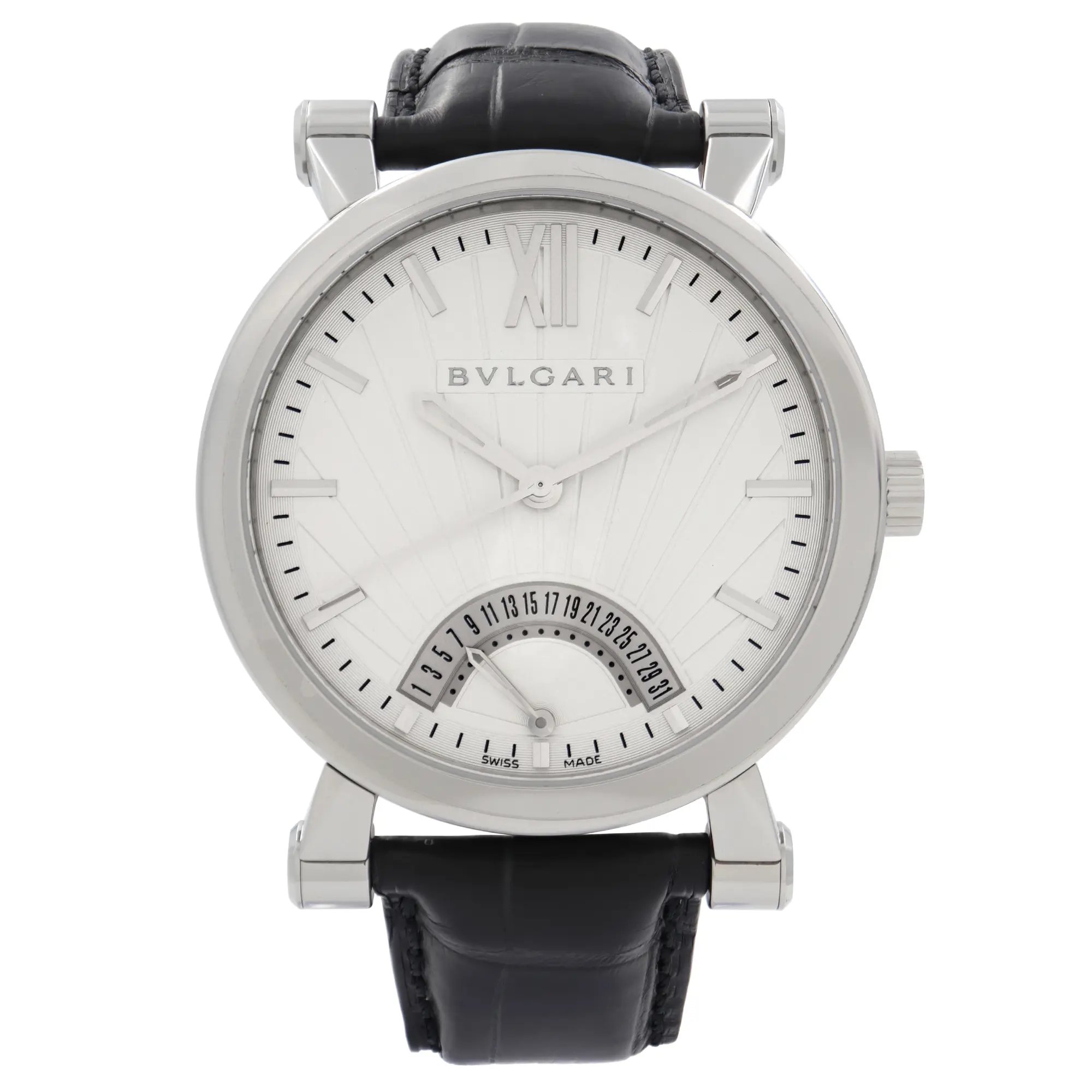 An image of a Wristwatch by Bvlgari. This Display Model item is designed for Men, featuring a Casual,Dress/Formal style. It has a Mechanical (Automatic) movement and an Analog display with a White dial color. The indices include 12-Hour Dial,Multi Dial,Non-Numeric Hour Marks. The band is made of Leather and the case is made of Stainless Steel. The watch has a Round shape with a case size of 42 mm and a case thickness of 11 mm.