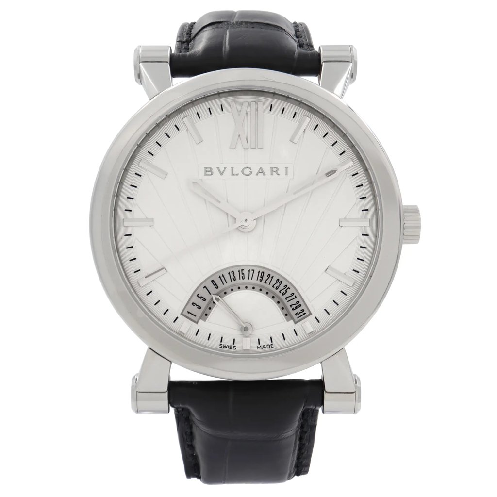 An image of a Wristwatch by Bvlgari. This Display Model item is designed for Men, featuring a Casual,Dress/Formal style. It has a Mechanical (Automatic) movement and an Analog display with a White dial color. The indices include 12-Hour Dial,Multi Dial,Non-Numeric Hour Marks. The band is made of Leather and the case is made of Stainless Steel. The watch has a Round shape with a case size of 42 mm and a case thickness of 11 mm.