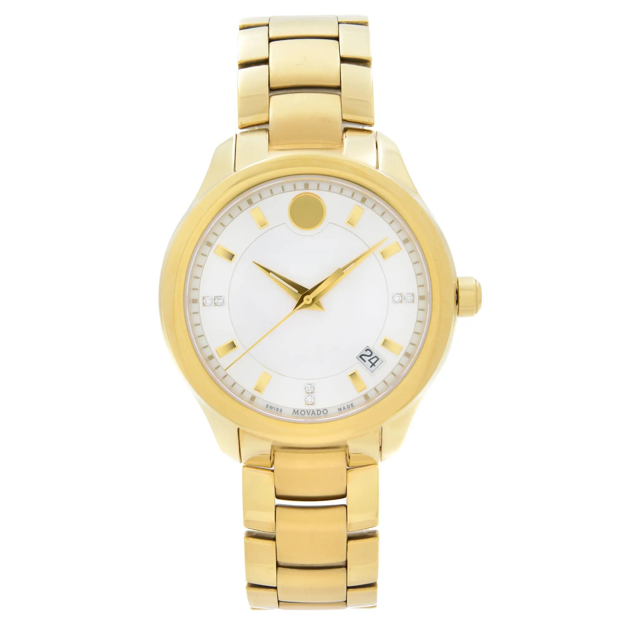 An image of a Wristwatch by Movado. This Pre Owned item is designed for Women, featuring a Dress/Formal style. It has a Quartz movement and an Analog display with a White dial color. The indices include Non-Numeric Hour Marks. The band is made of Stainless Steel and the case is made of Stainless Steel. The watch has a Round shape with a case size of 36 mm and a case thickness of 8.5 mm.