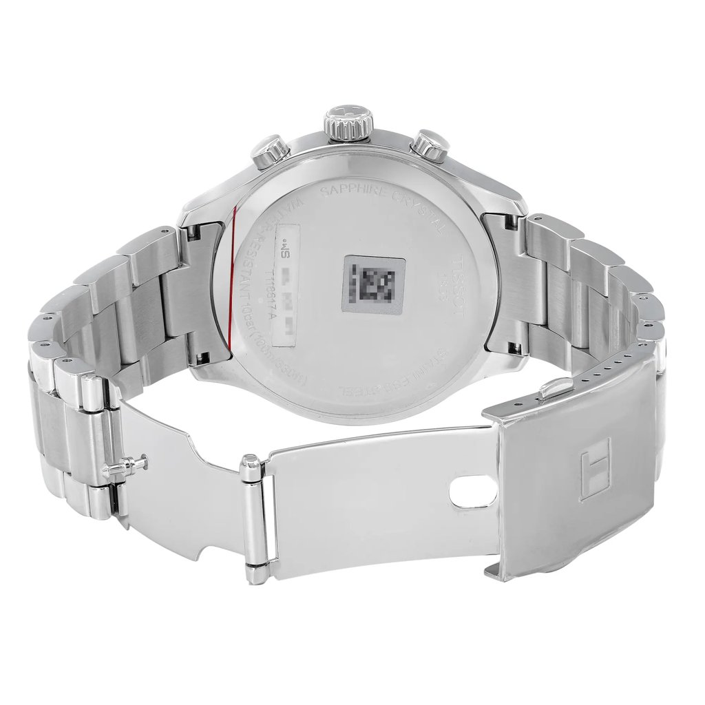 Back View Of Snap Back Case And Open Stainless Steel Band Of Tissot T116.617.11.047.01 Watch Display Model Condition