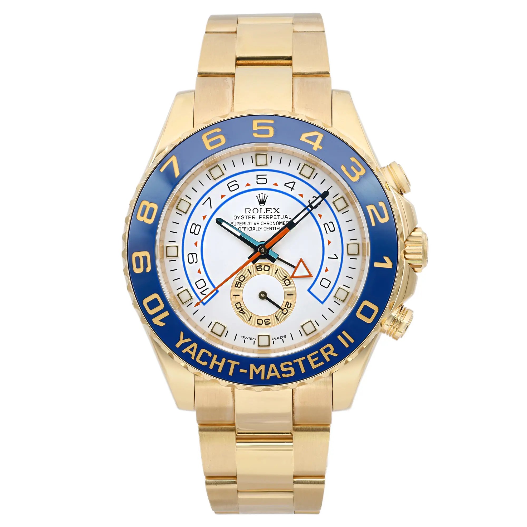 An image of a pre-owned wristwatch shown from a front full-frontal view. The watch has a gold-toned metal band and a round face with a blue and gold bezel. The dial is white with black and blue markings, featuring a central hand and sub-dials. The watch is positioned centrally in the frame, captured at a close distance to highlight its details.