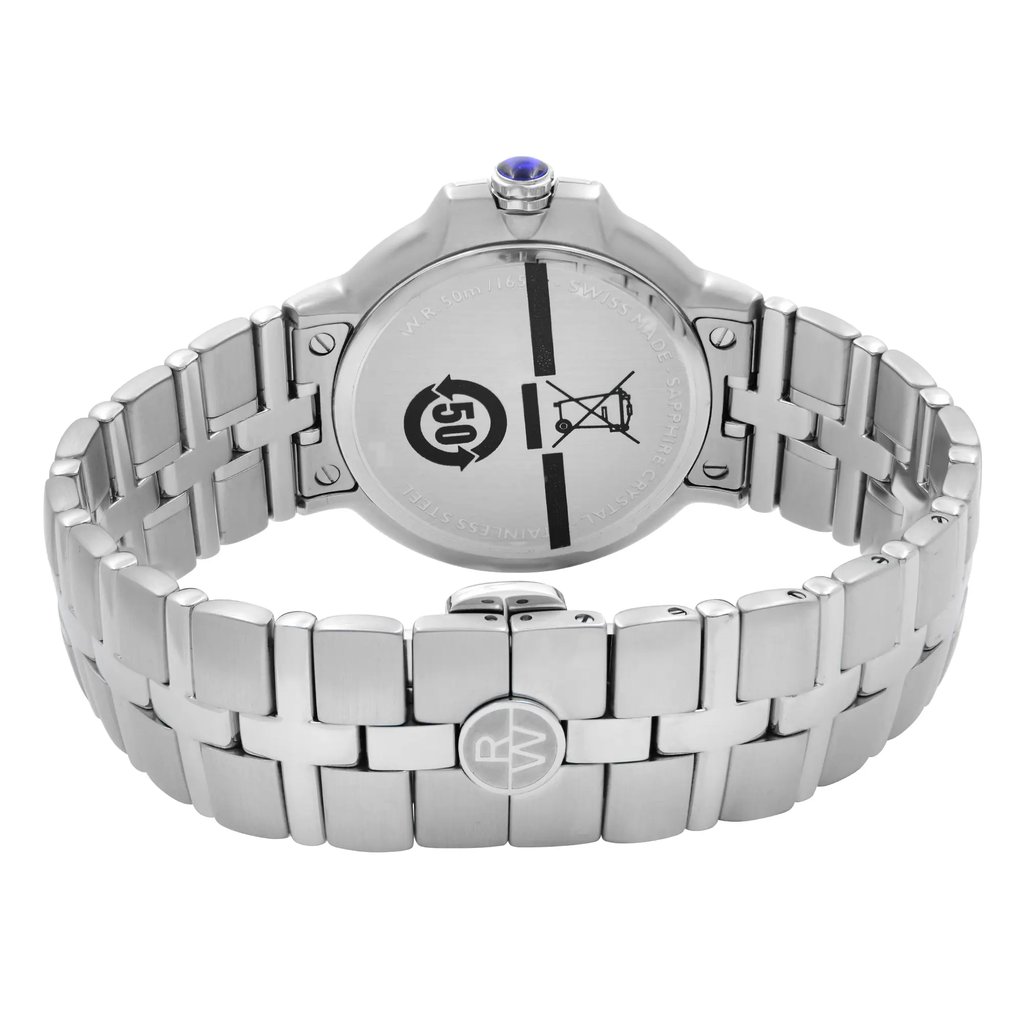 Back View Of Solid Back Case And Closed Stainless Steel Band Of RAYMOND WEIL 5580-ST-00208 Watch Unworn Condition
