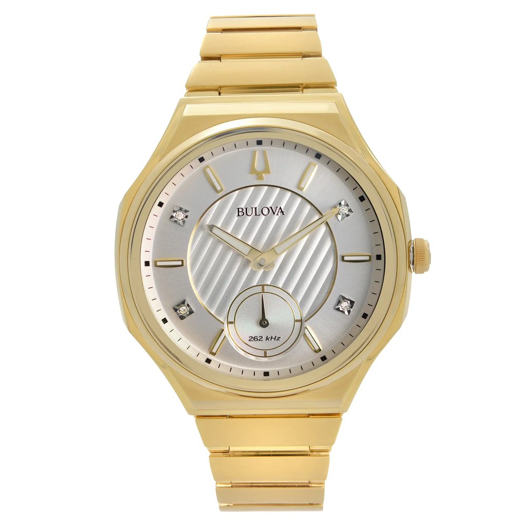 An image of a new with defects Bulova women's wristwatch, presented in a front full frontal view. The watch showcases a round stainless steel case with a gold-tone bezel, a silver dial, and non-numeric hour marks with luminous hands. Positioned centrally and facing the camera, the stainless steel band is visible, reflecting a dress/formal style. The watch appears in excellent condition despite the mentioned defects. The image is taken from a close distance, ensuring all details are visible and focused.
