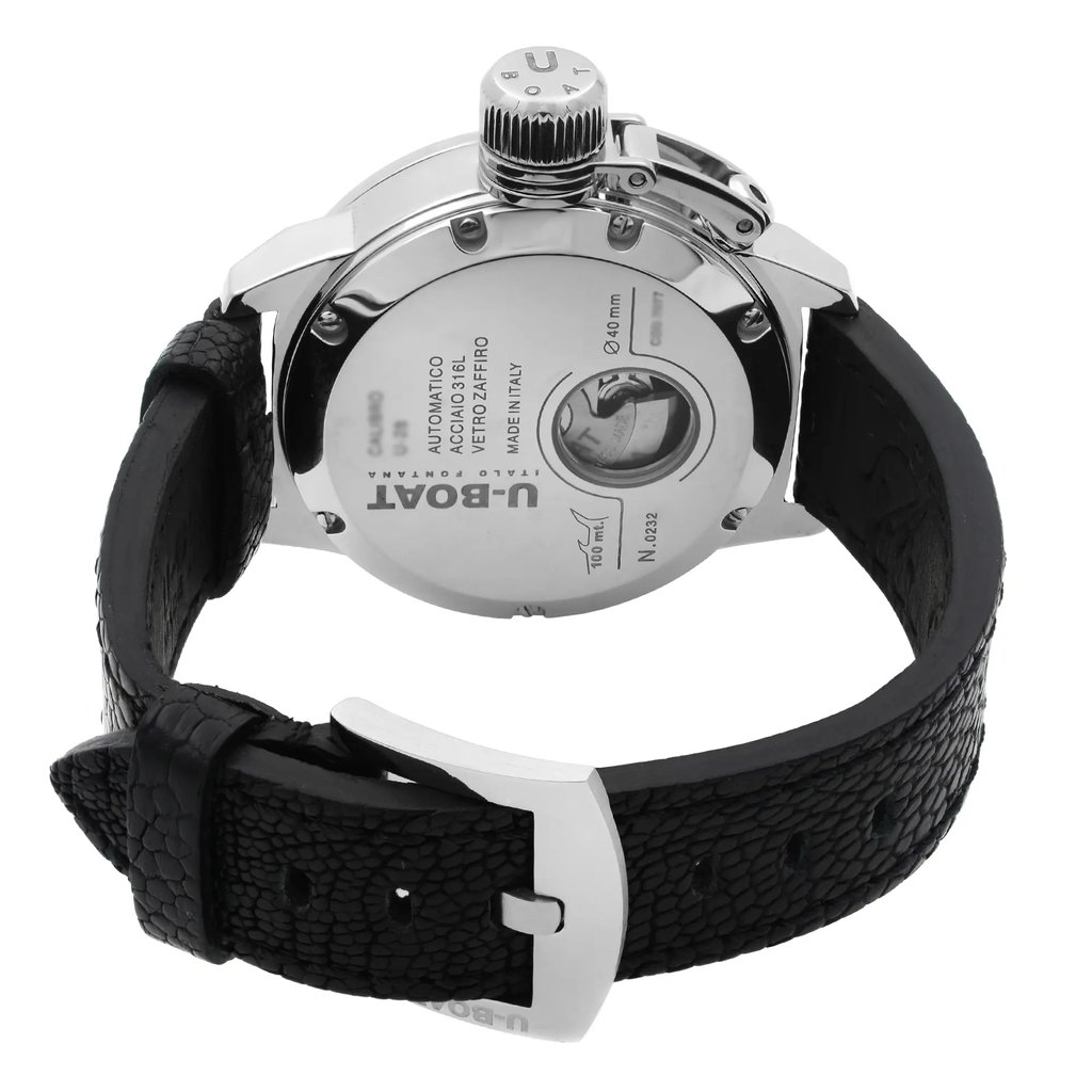 Back View Of Solid Back Case And Closed Leather,Leather Band Of U-Boat 7077 Watch Unworn Condition