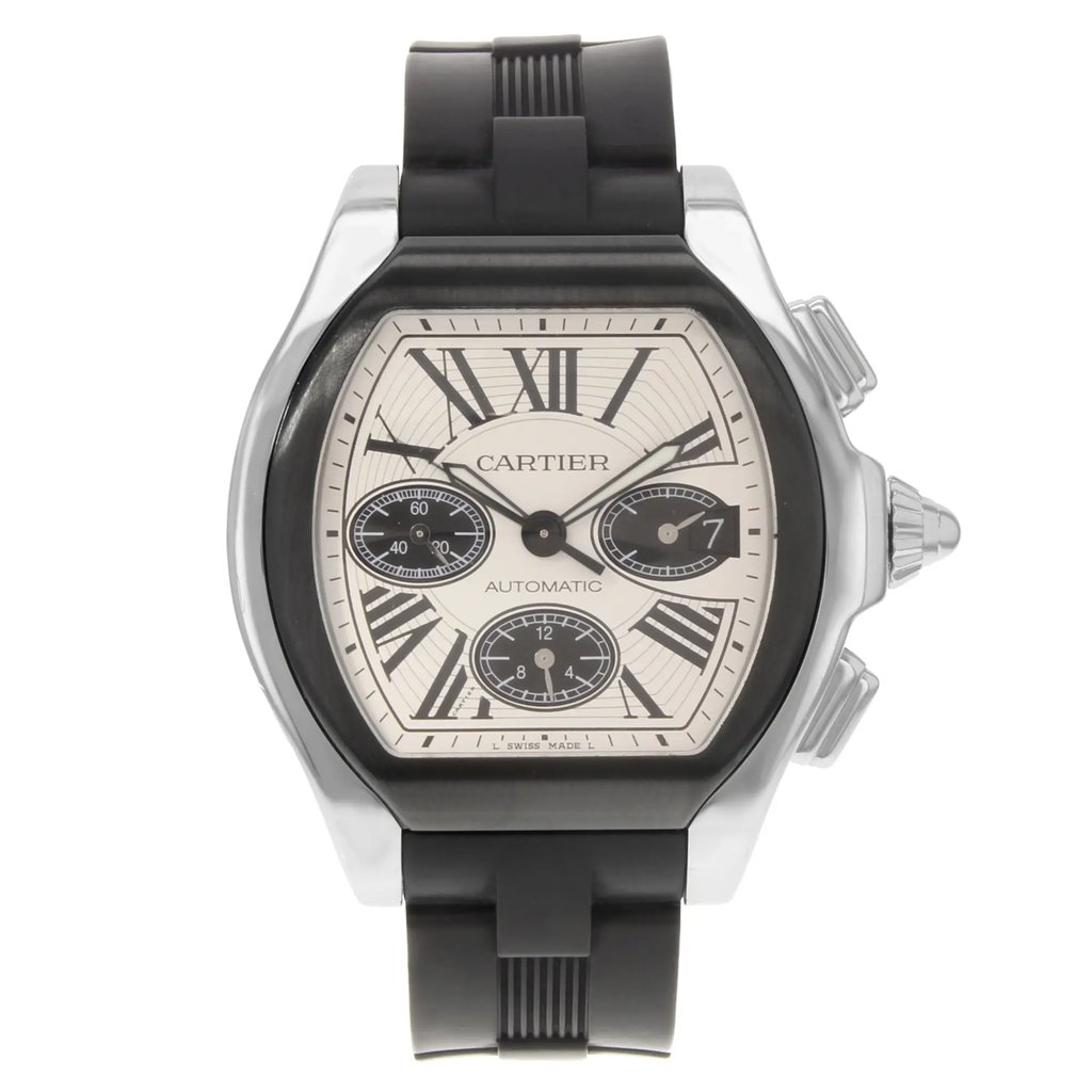 An image of a pre-owned wristwatch taken from a front full frontal view. The watch features a silver-toned case with a white dial displaying Roman numerals. It has three subdials and a black strap. The watch is positioned centrally and captured from a close distance, highlighting its design details.