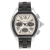 An image of a pre-owned wristwatch taken from a front full frontal view. The watch features a silver-toned case with a white dial displaying Roman numerals. It has three subdials and a black strap. The watch is positioned centrally and captured from a close distance, highlighting its design details.