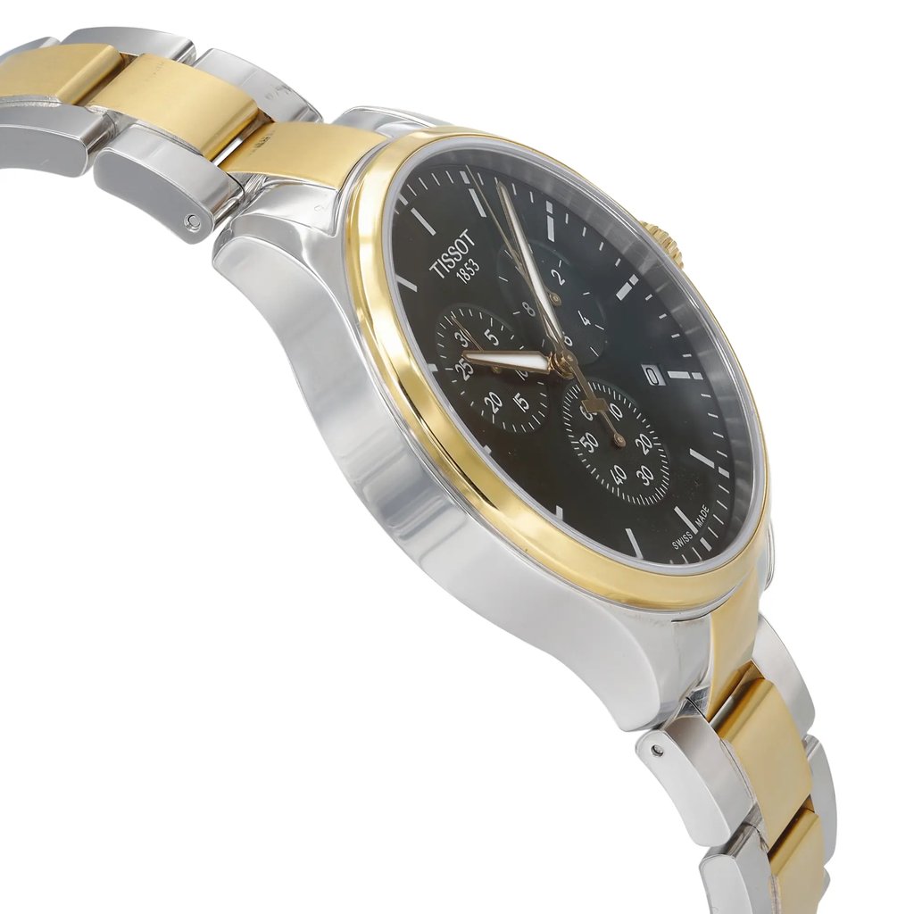 An image of a Wristwatch by Tissot. This Display Model item is designed for Men, featuring a Casual style. It has a Quartz movement and an Analog display with a Green dial color. The indices include 12-Hour Dial,Stick Indexes. The band is made of Stainless Steel and the case is made of Stainless Steel. The watch has a Round shape with a case size of 45 mm and a case thickness of 11 mm.