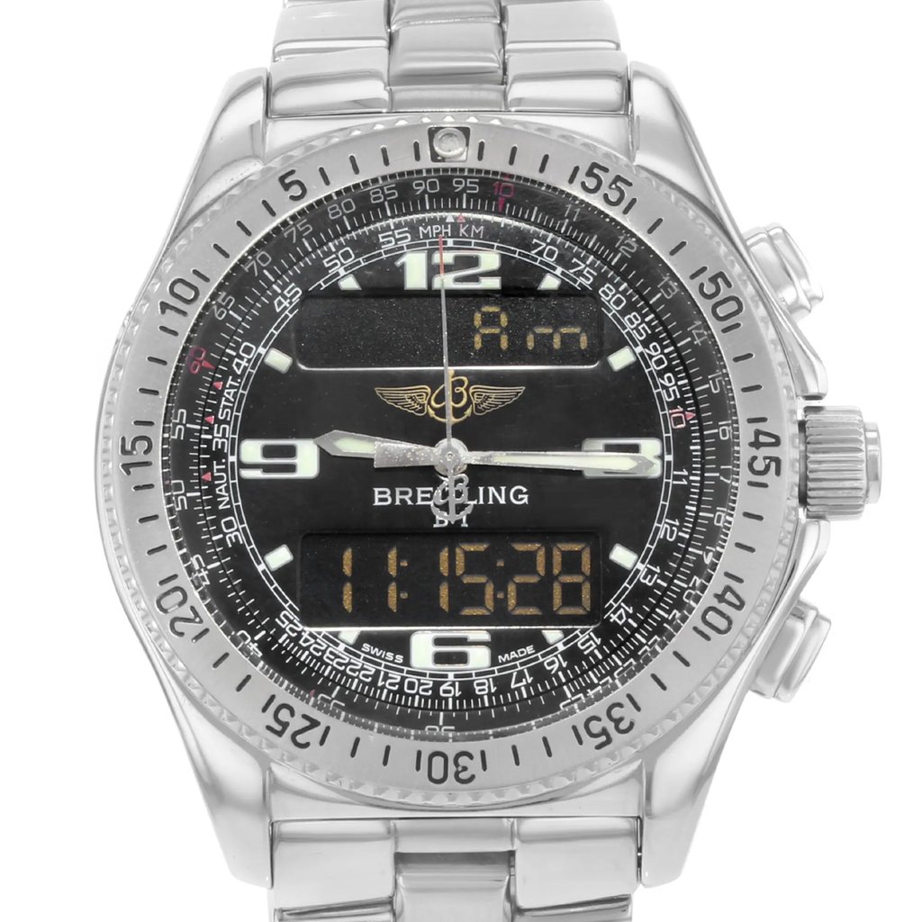 Up Close Front Facing Picture Of Breitling A68062 Stainless & Titanium Watch Pre Owned Condition