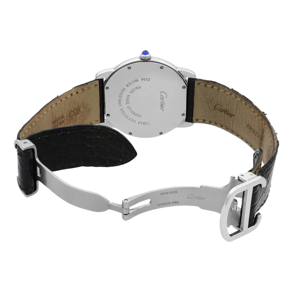 Back View Of Screwback Back Case And Open Leather Band Of Cartier W6700255 Watch Pre Owned Condition