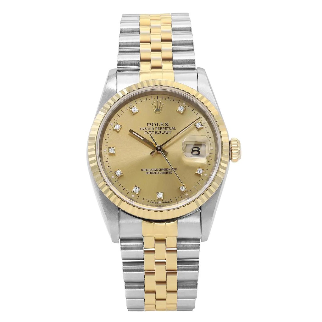 An image of a pre-owned men's Rolex Datejust 36mm 18K Yellow Gold Steel Champagne Diamond Watch 16233G, viewed from a straight-on angle at a close distance. The watch features a two-tone metal band with alternating yellow gold and stainless steel links. The round gold dial includes a date indicator on the right side, diamond hour markers, and gold hands. The fluted bezel is also yellow gold, complementing the overall design.