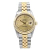 An image of a pre-owned men's Rolex Datejust 36mm 18K Yellow Gold Steel Champagne Diamond Watch 16233G, viewed from a straight-on angle at a close distance. The watch features a two-tone metal band with alternating yellow gold and stainless steel links. The round gold dial includes a date indicator on the right side, diamond hour markers, and gold hands. The fluted bezel is also yellow gold, complementing the overall design.