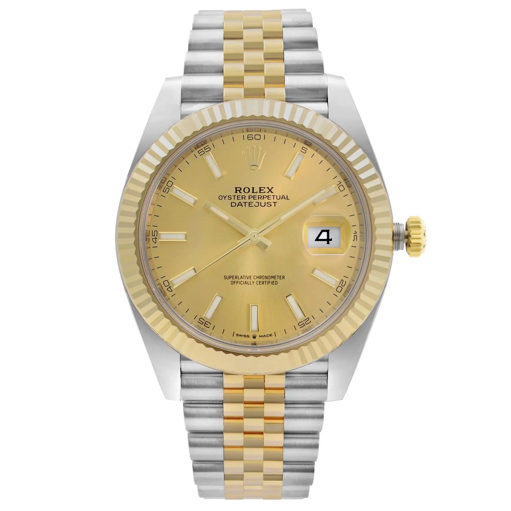 An image of a pre-owned Rolex Oyster Perpetual Datejust men's wristwatch, viewed from a direct, full frontal angle, filling the frame. The watch features a round champagne dial with gold-tone bezel, luminous hands, a date indicator at the 3 o'clock position, and 12-hour dial indices. It has a stainless steel case and a two-tone band made of stainless steel and solid gold. The condition is classified as excellent, with minor signs of wear and slight scratches visible upon close inspection.