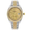 An image of a pre-owned Rolex Oyster Perpetual Datejust men's wristwatch, viewed from a direct, full frontal angle, filling the frame. The watch features a round champagne dial with gold-tone bezel, luminous hands, a date indicator at the 3 o'clock position, and 12-hour dial indices. It has a stainless steel case and a two-tone band made of stainless steel and solid gold. The condition is classified as excellent, with minor signs of wear and slight scratches visible upon close inspection.