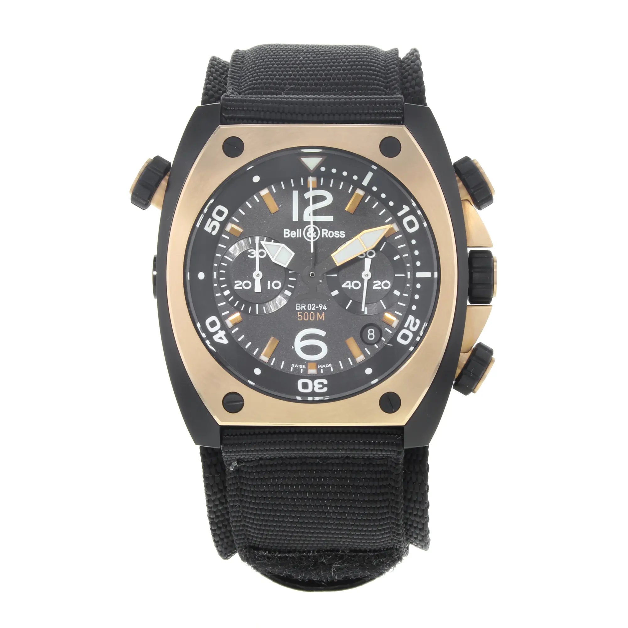 An image of a Bell & Ross men's luxury diver wristwatch, model displayed in a full frontal view. The watch features a distinctive tonneau shape with a black dial, rose gold bezel, and stainless steel case. It is fitted with a black fabric/canvas band. The dial includes large numeral indices, a seconds hand, and stick markers for easy reading. The watch is positioned centrally and shot at a close, direct angle to clearly showcase its design and details.