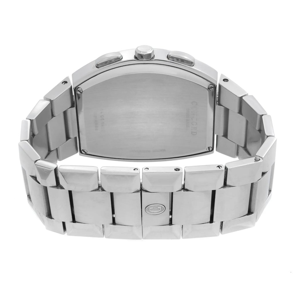 An image of a Wristwatch by Concord. This Pre Owned item is designed for Men, featuring a Dress/Formal,Luxury style. It has a Quartz movement and an Analog display with a White dial color. The indices include 12-Hour Dial,Multi Dial,Multiple Hands,Non-Numeric Hour Marks,Seconds Hand,Stick Indexes. The band is made of Stainless Steel and the case is made of Stainless Steel. The watch has a Tonneau/Barrel shape with a case size of 38 mm and a case thickness of 10 mm.
