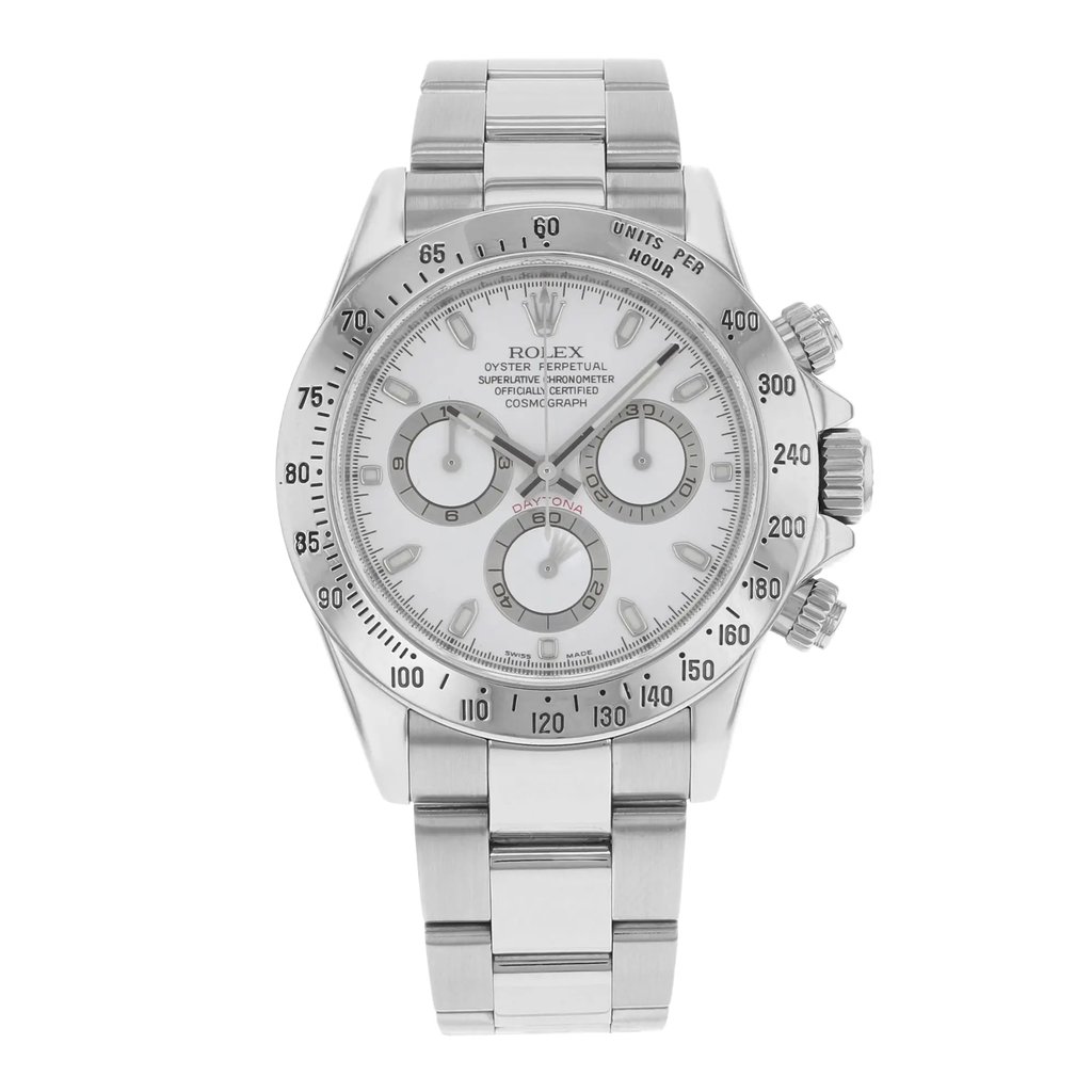 An image of a pre-owned Rolex men's wristwatch in good condition with a straight-on full frontal view. The luxury watch features a round white dial with gray bezel, stainless steel band and case. It has stick indexes, a 12-hour dial, chronograph functionality, luminous hands, and a small seconds subdial. The bezel shows tiny nicks indicative of minor wear, and the watch has slight scratches consistent with use. The overall distance and angle present the watch in clear detail for assessment.