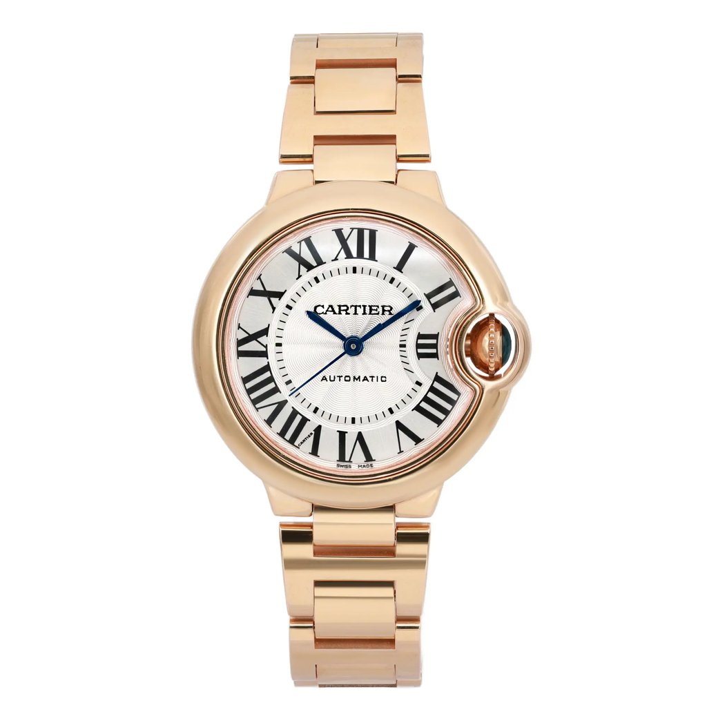 An image of a pre-owned wristwatch shown from a front full frontal view. The watch features a round gold case with Roman numeral hour markers and blue hands. The brand name is visible on the dial. It has a matching gold metal bracelet, displayed at a close distance to emphasize the details and craftsmanship.