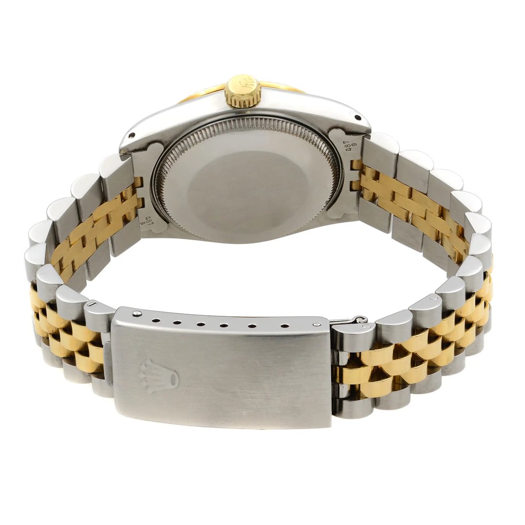 Back View Of Solid Back Case And Closed Stainless and Solid Gold Band Of Rolex 68273 Watch Pre Owned Condition