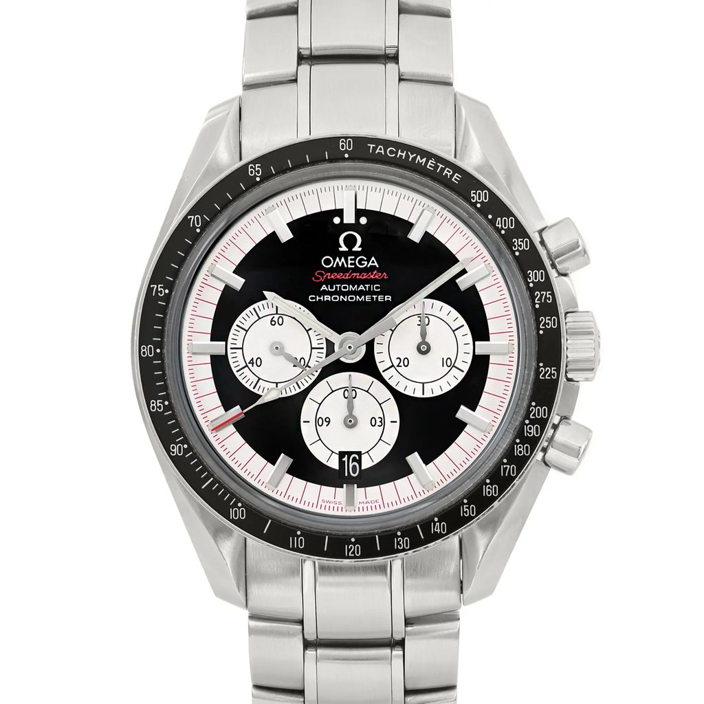 An image of a pre-owned wristwatch captured in a front close-up shot. The watch face is prominently displayed, showcasing its detailed design elements. The image highlights the watch's polished metal case and bracelet, providing a clear view of the dial and its features.