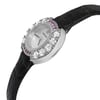 An image of a pre-owned women's Audemars Piguet wristwatch, taken from a close-up side angle. The watch features a round face with a mother of pearl dial, adorned with sparkling diamonds and gemstones around the bezel. The watch is set against a black leather strap, showcasing its elegant and luxurious design.