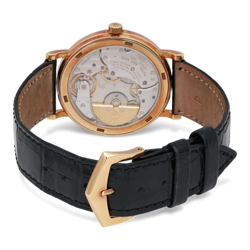 Back View Of Exhibition Back Case And Closed Leather Band Of Patek Philippe 5120J-001 Watch Pre Owned Condition