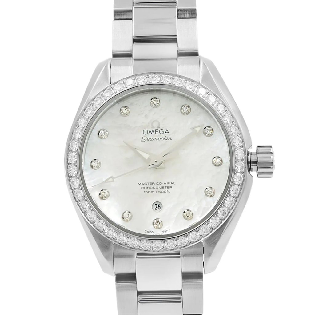 Up Close Front Facing Picture Of OMEGA 231.15.34.20.55.002 Stainless Steel Watch Display Model Condition