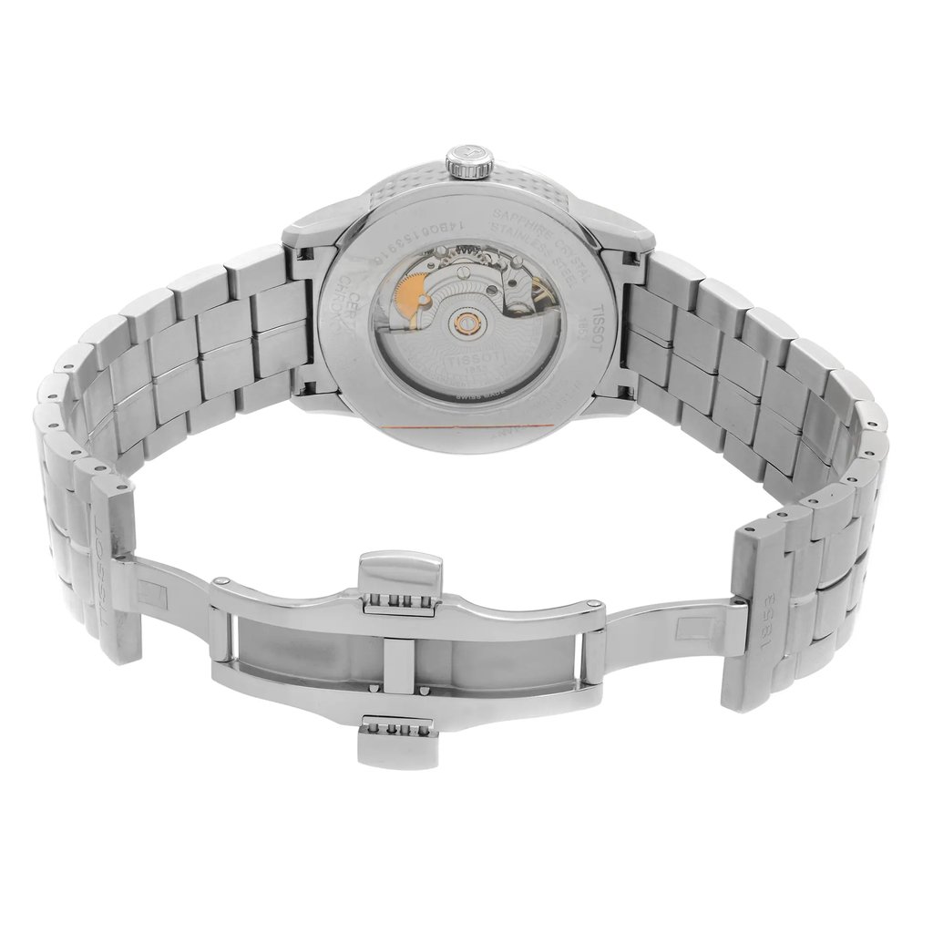 Back View Of Exhibition Back Case And Open Stainless Steel Band Of Tissot T086.408.11.056.00 Watch Unworn Condition