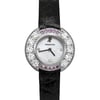 An image of a pre-owned Audemars Piguet women's wristwatch taken from a front-facing angle. The watch features a round face with a mother-of-pearl dial and is embellished with sparkling gemstones around the bezel. The watch hands are black, and the strap is made of black leather. The image captures the watch in a close-up view, highlighting its elegant design and luxurious details.