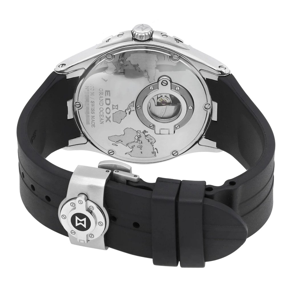 Back View Of Screwback Back Case And Closed Stainless Steel Band Of Edox 83006 3CA NIN Watch Display Model Condition