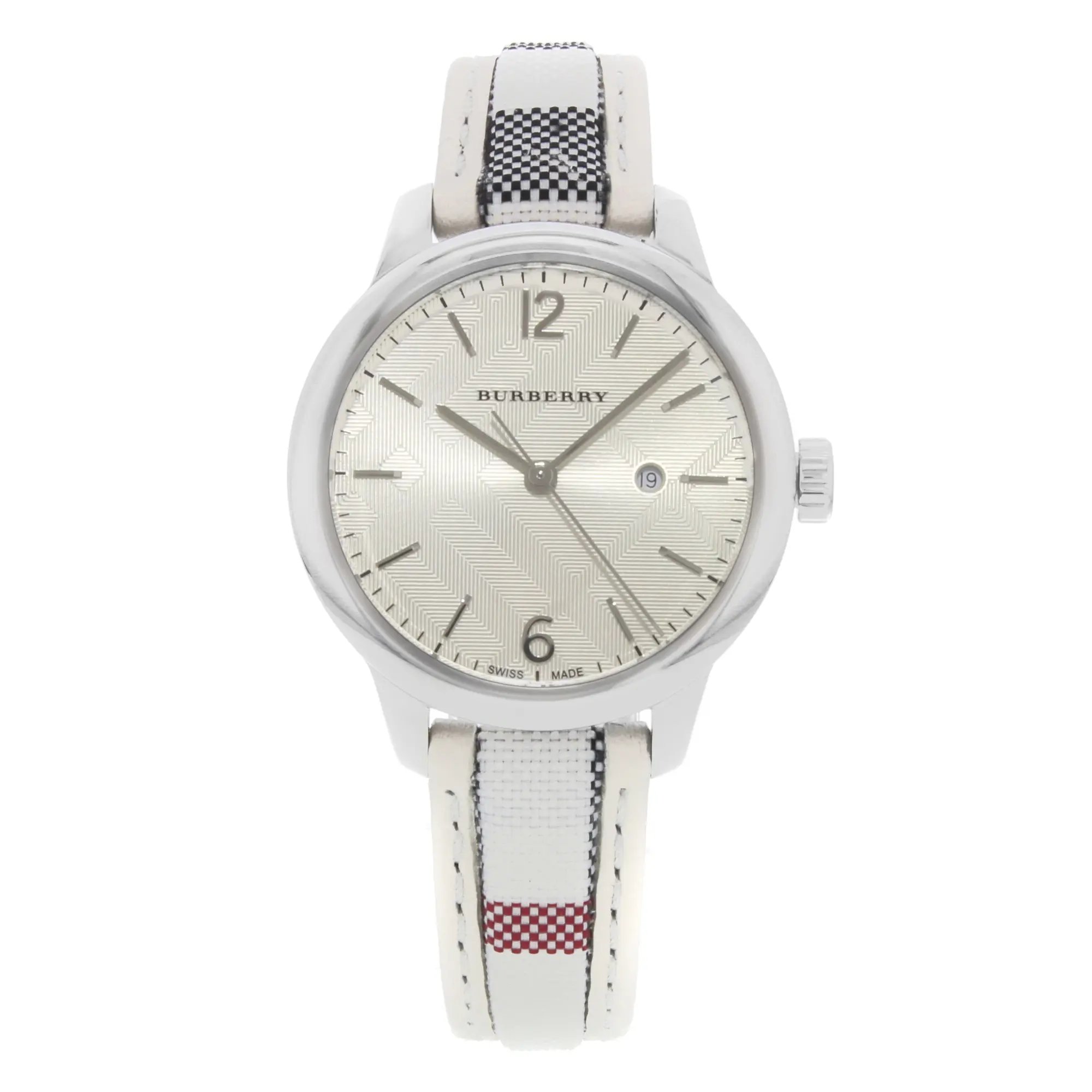 An image of a Wristwatch by Burberry. This Pre Owned item is designed for Women, featuring a Casual style. It has a Quartz movement and an Analog display with a Silver dial color. The indices include 12-Hour Dial,Non-Numeric Hour Marks,Sticks & Numerals. The band is made of Leather and the case is made of Stainless Steel. The watch has a Round shape with a case size of 32 mm and a case thickness of 8 mm.