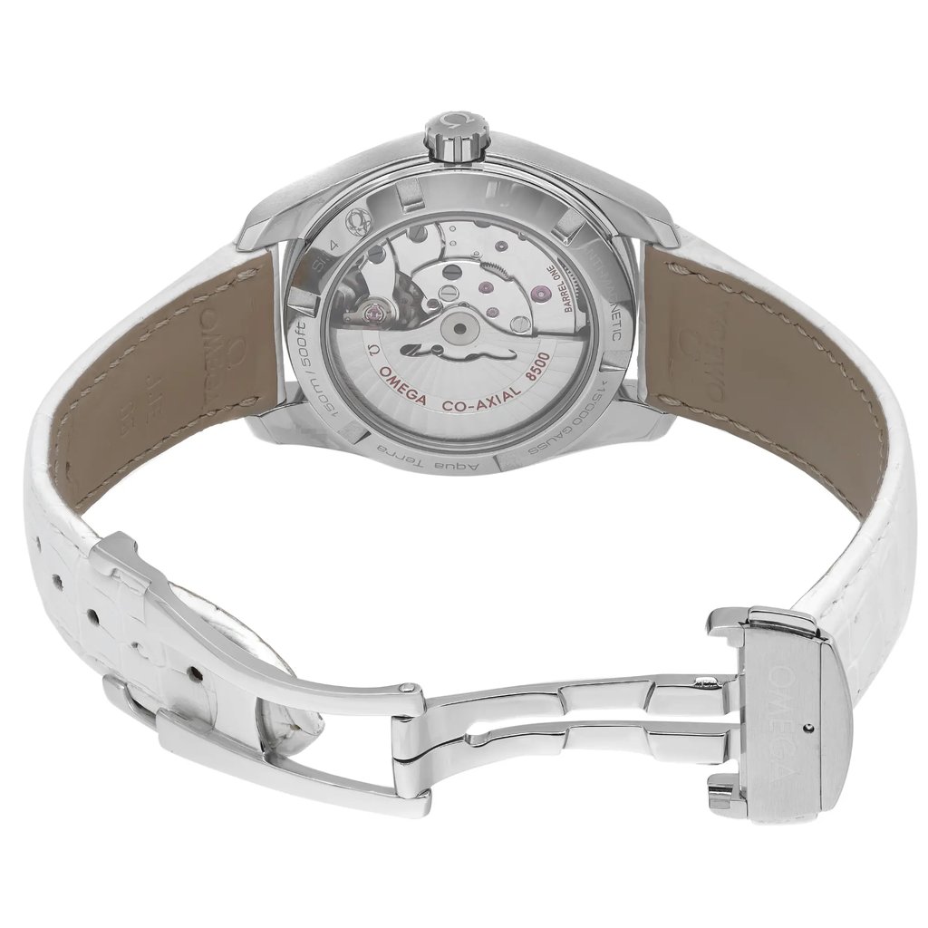 An image of a women's OMEGA wristwatch displayed from a rear angle. The photo shows the watch close-up, highlighting its transparent case back, which reveals the intricate movement inside. The watch features a white leather strap with a visible clasp, positioned horizontally in the frame.