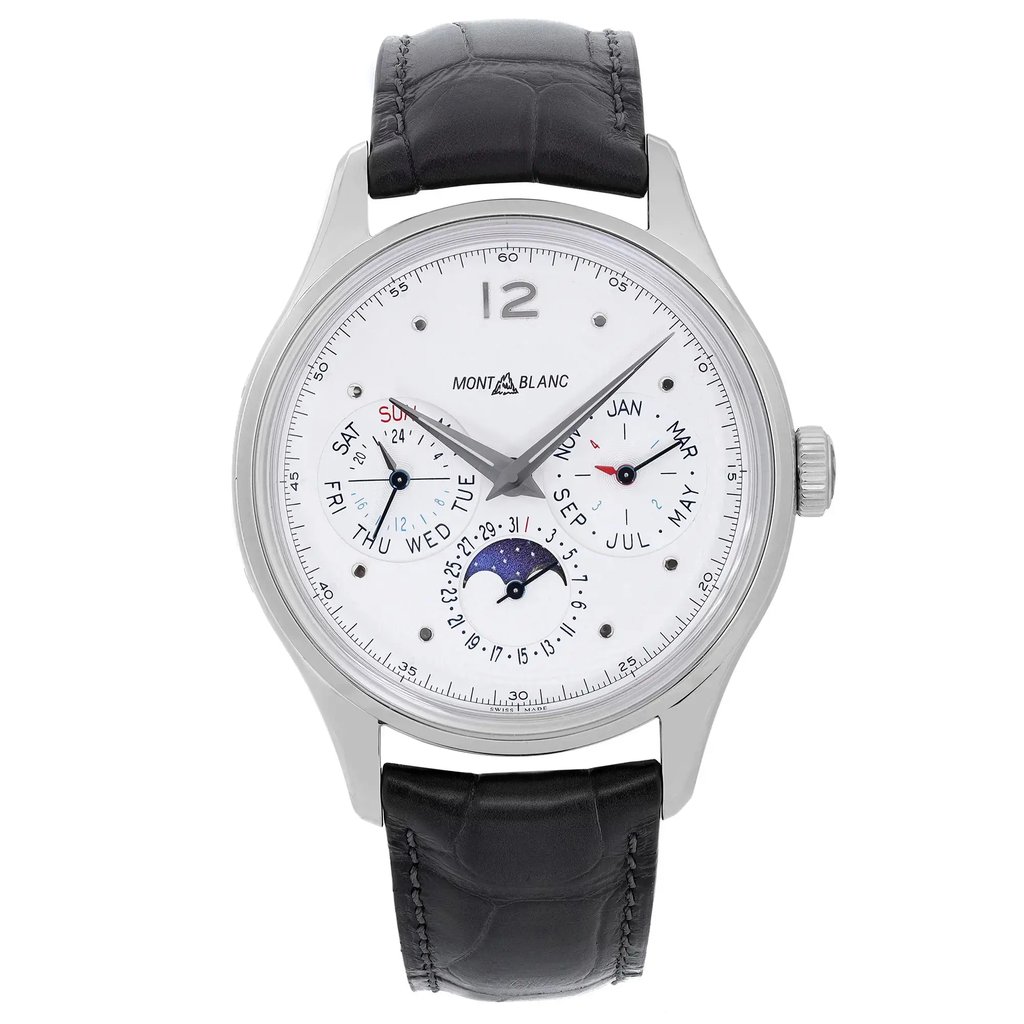 An image of a pre-owned Montblanc men's luxury wristwatch presented in a full frontal view. The watch features a round, white dial with a gray bezel and a stainless steel case. It is fitted with a black leather band. The dial includes Arabic numerals, non-numeric hour marks, and round indexes, with additional complications indicating the day/date, GMT, and moon phase. Luminous hands are visible, and there are insignificant imperfections on the hands and dial. The watch is in good condition and is photographed from a direct front angle at a close distance, ensuring all details are clearly visible.