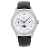 An image of a pre-owned Montblanc men's luxury wristwatch presented in a full frontal view. The watch features a round, white dial with a gray bezel and a stainless steel case. It is fitted with a black leather band. The dial includes Arabic numerals, non-numeric hour marks, and round indexes, with additional complications indicating the day/date, GMT, and moon phase. Luminous hands are visible, and there are insignificant imperfections on the hands and dial. The watch is in good condition and is photographed from a direct front angle at a close distance, ensuring all details are clearly visible.