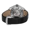 An image of a Wristwatch by OMEGA. This Pre Owned item is designed for Women, featuring a Luxury style. It has a Mechanical (Automatic) movement and an Analog display with a Black dial color. The indices include 12-Hour Dial,Stick Indexes. The band is made of Leather and the case is made of Stainless Steel. The watch has a Round shape with a case size of 38 mm and a case thickness of 15 mm.