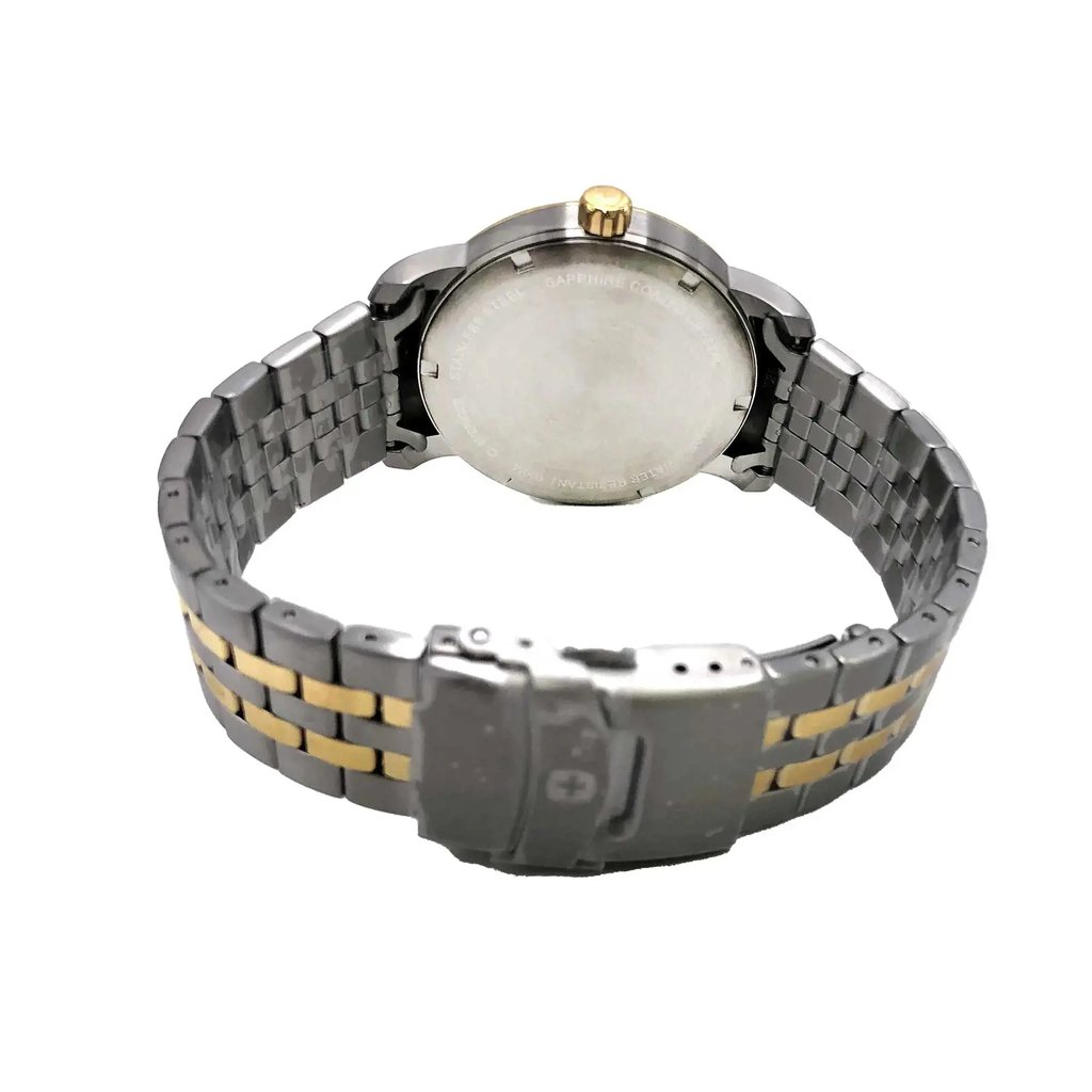 Back View Of Screwback Back Case And Closed Stainless Steel Band Of Wenger 1.1741.104 Watch Display Model Condition