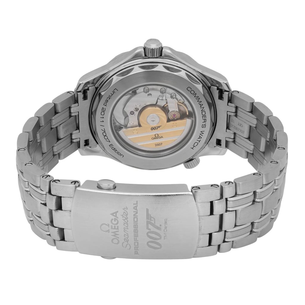 An image of a pre-owned men's OMEGA Seamaster Diver 300M James Bondwristwatch taken from a rear perspective at a close distance. The focus is on the transparent case back, showcasing the intricate movement inside, along with engravings and the "007" emblem. The stainless steel bracelet is partially visible, with the clasp featuring brand and model details. The watch includes features like a date indicator and luminous hands.