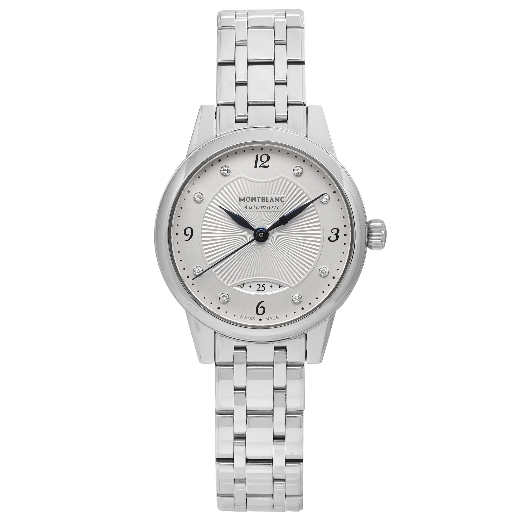 An image of a Wristwatch by Montblanc. This Display Model item is designed for Women, featuring a Dress/Formal style. It has a Mechanical (Automatic) movement and an Analog display with a Silver dial color. The indices include Arabic Numerals. The band is made of Stainless Steel and the case is made of Stainless Steel. The watch has a Round shape with a case size of 28 mm and a case thickness of 9 mm.