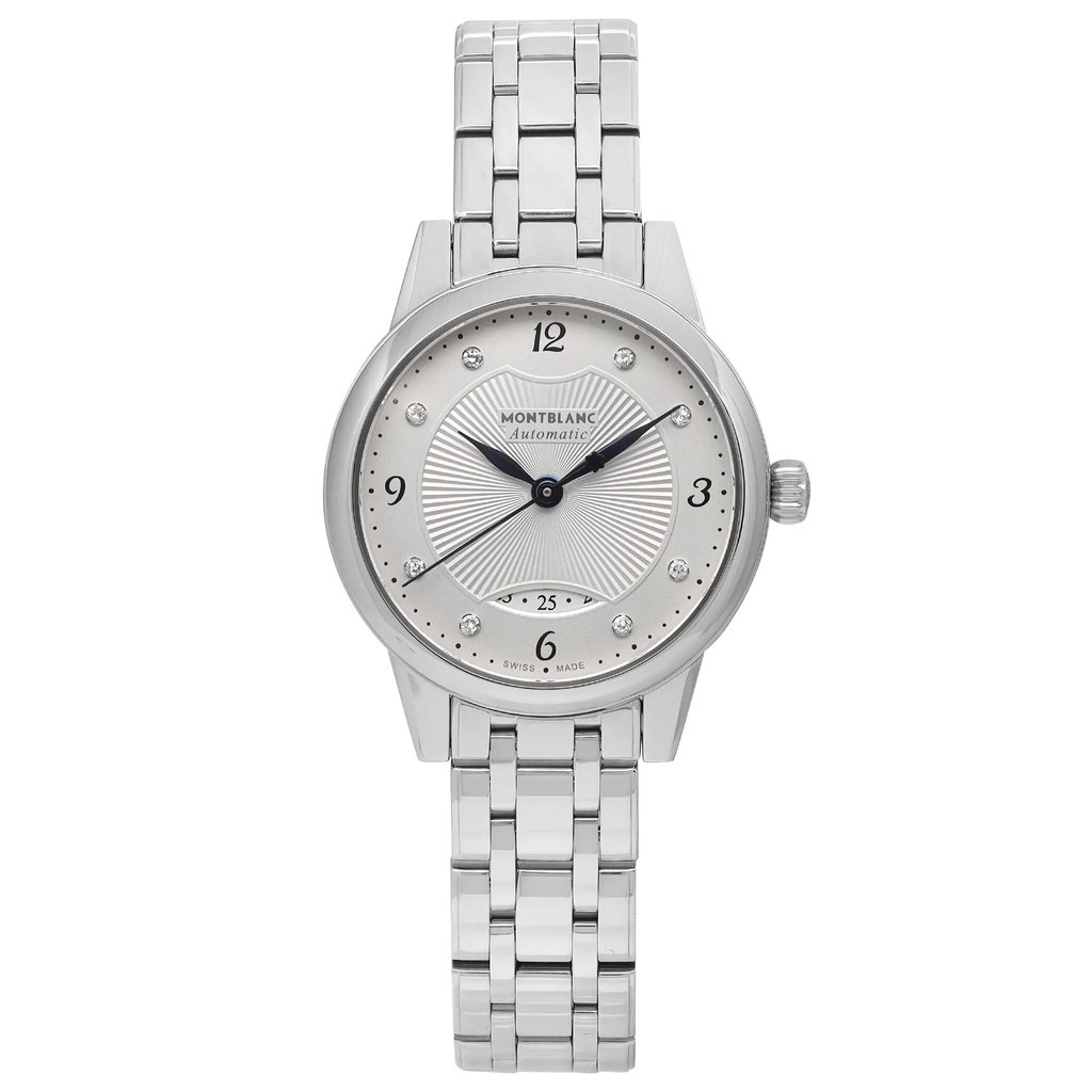 An image of a Wristwatch by Montblanc. This Display Model item is designed for Women, featuring a Dress/Formal style. It has a Mechanical (Automatic) movement and an Analog display with a Silver dial color. The indices include Arabic Numerals. The band is made of Stainless Steel and the case is made of Stainless Steel. The watch has a Round shape with a case size of 28 mm and a case thickness of 9 mm.