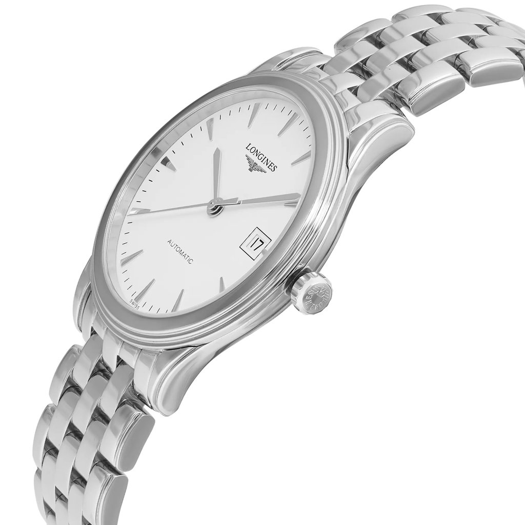 An image of a wristwatch taken from a side profile view, highlighting the crown prominently. The watch features a sleek, polished metal bracelet and a clean, round face with minimalistic hour markers. The angle and distance provide a clear view of the watch's elegant design, showcasing its condition as a display model.