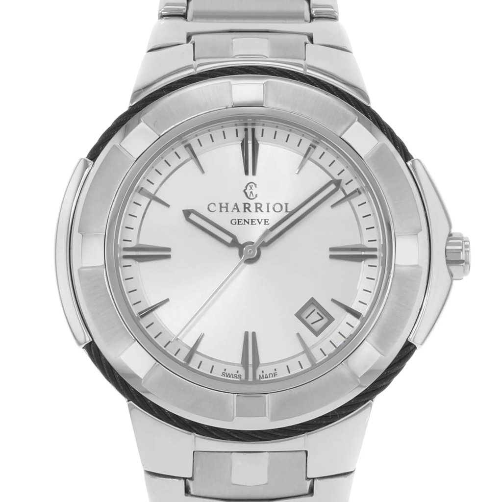 An image of a wristwatch taken from a front close-up angle, showcasing the watch face prominently. The watch, in display model condition, features a metallic finish with a minimalist design, including hour markers, a date window, and the brand name visible on the dial. The shot captures the watch's elegant craftsmanship and details.