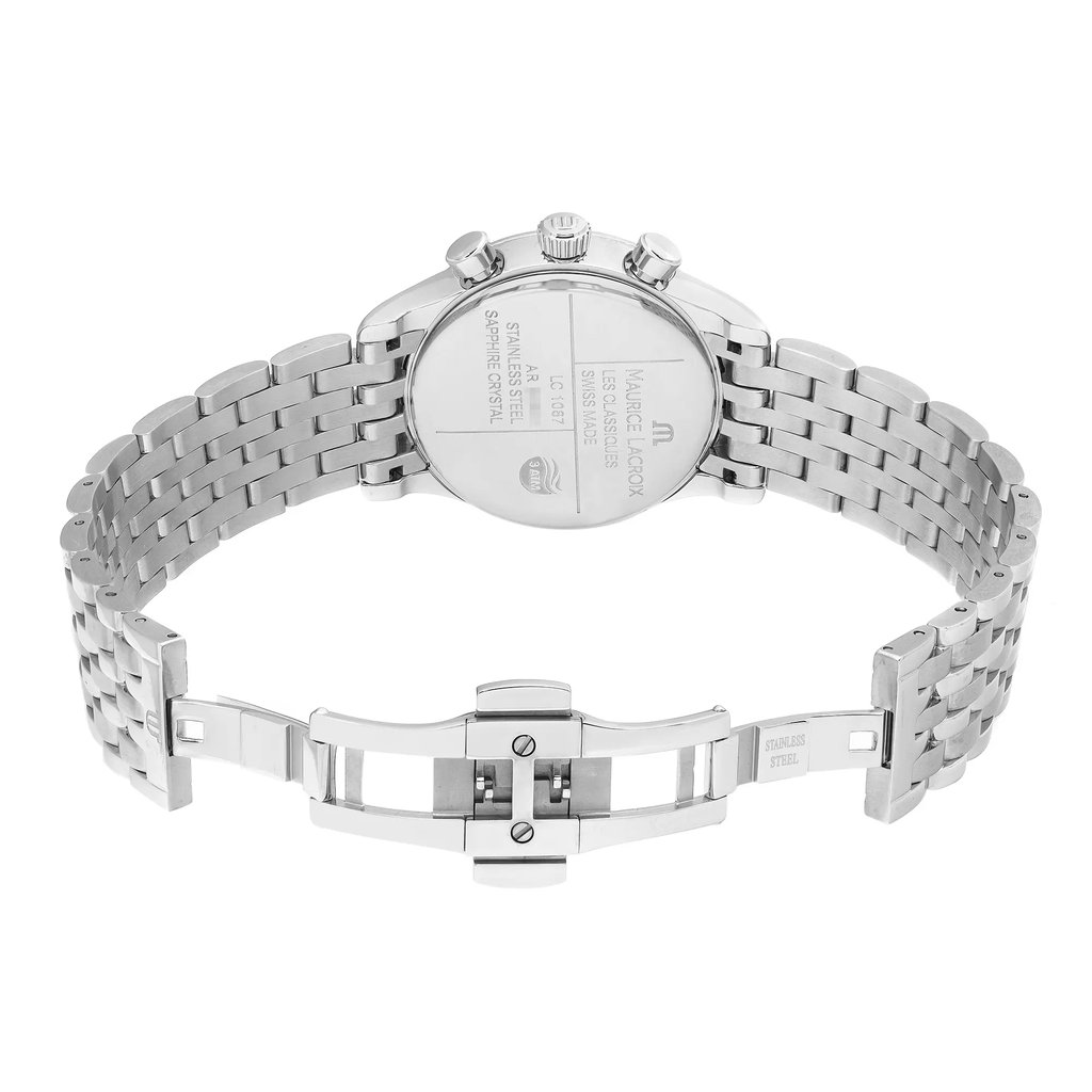 Back View Of Solid Back Case And Open Stainless Steel Band Of Maurice Lacroix LC1087-SS002-160 Watch Unworn Condition